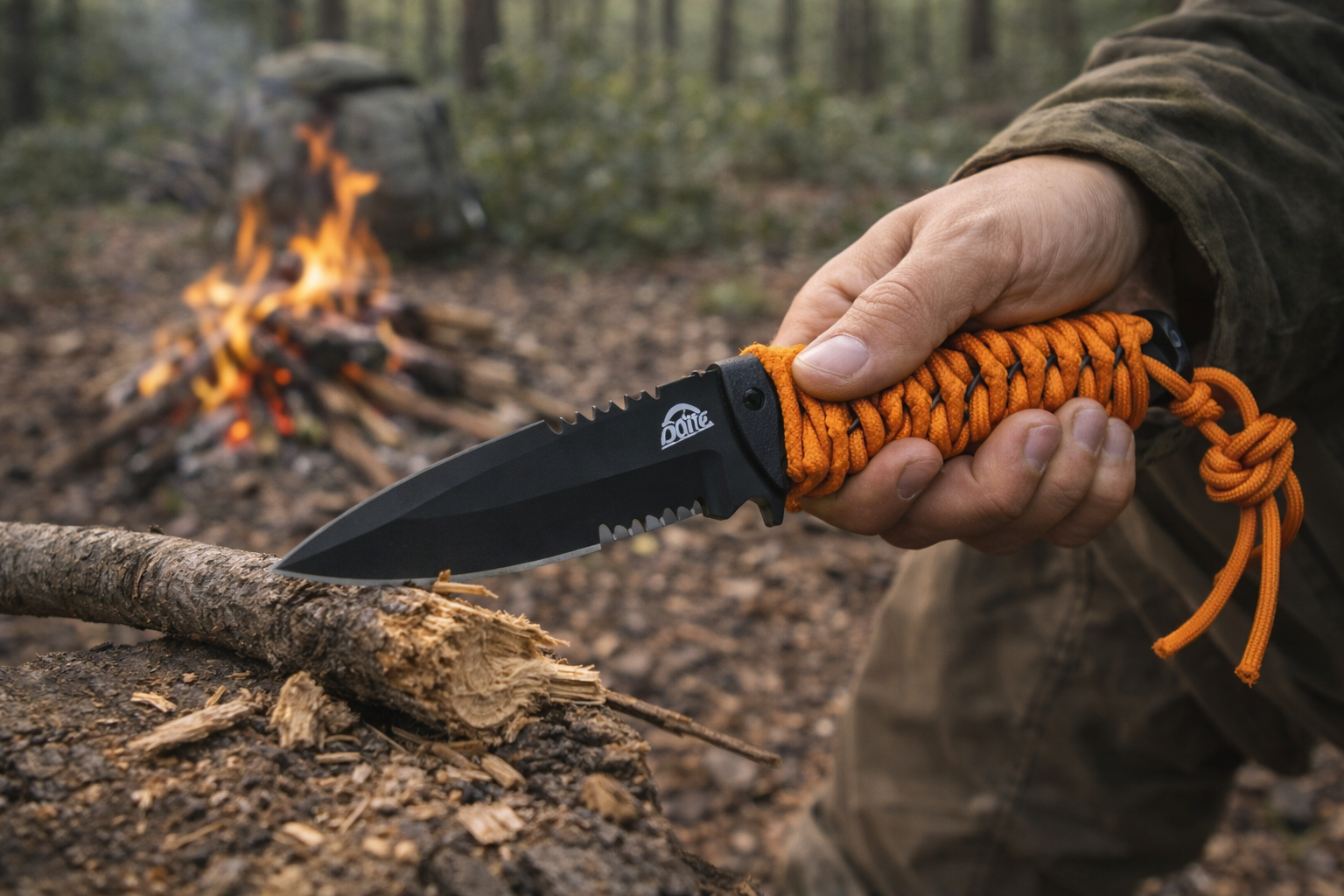 Doite Rambo overlevelseskniv i bruk i villmarken ved leirbål, egnet for tur og camping
