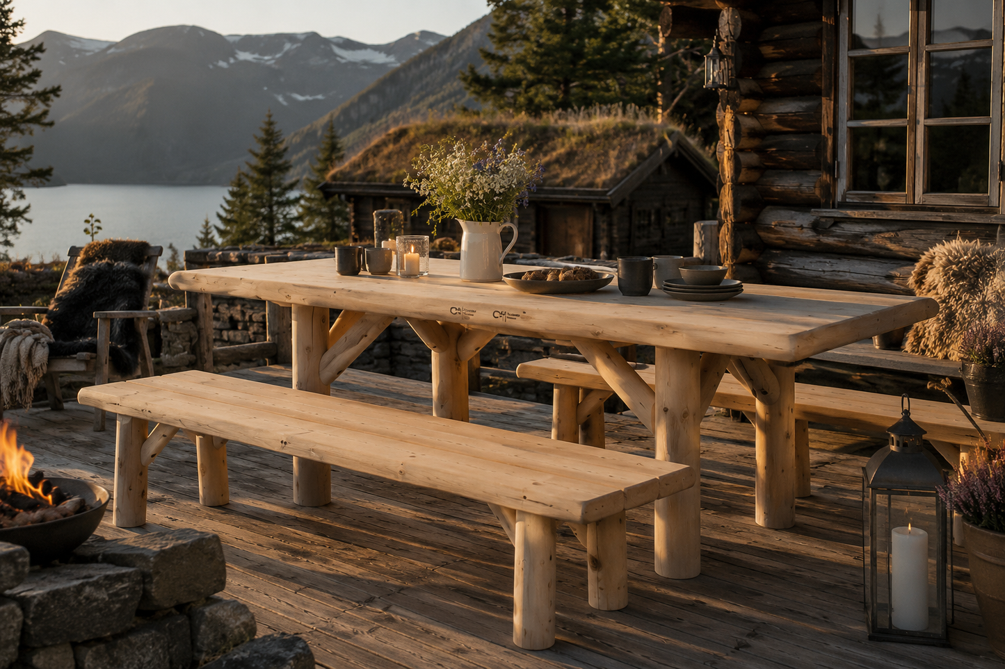 Photorealistic premium outdoor furniture scene in Norway. Canadian Outdoor Log Dining Table 180 made from natural cedar wood placed on a rustic wooden terrace outside a traditional Norwegian timber cabin with a small stabbur in the background. The table must be identical to the original product design with large rectangular tabletop, natural cedar color and thick log frame construction.

Warm golden evening light, mountain landscape, calm lake view, natural stone details, linen table runner, ceramic plates,