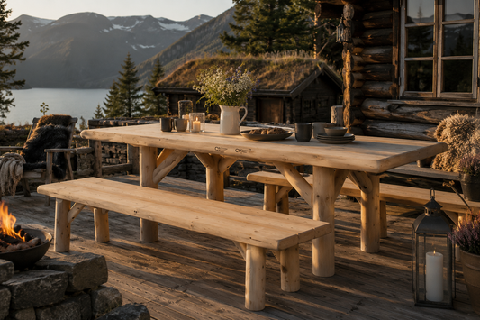 Photorealistic premium outdoor furniture scene in Norway. Canadian Outdoor Log Dining Table 180 made from natural cedar wood placed on a rustic wooden terrace outside a traditional Norwegian timber cabin with a small stabbur in the background. The table must be identical to the original product design with large rectangular tabletop, natural cedar color and thick log frame construction.

Warm golden evening light, mountain landscape, calm lake view, natural stone details, linen table runner, ceramic plates,