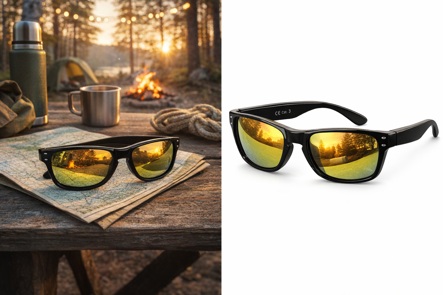 Lette sorte solbriller med speilglass og kategori 3 UV-beskyttelse – perfekte til camping, bobilferie og friluftsliv