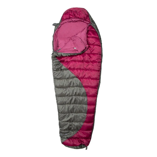 Rød og grå doite sovepose til sfjellsport og camping på hvit bakgrunn