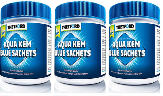 Forbrukspakke m/  Thetfords Aqua Kem  Blue Sachet 15 boks - Reisepakke for bobil og vogn,  3 stk av bestselgeren! - Hjem & Fritidsshoppen.no