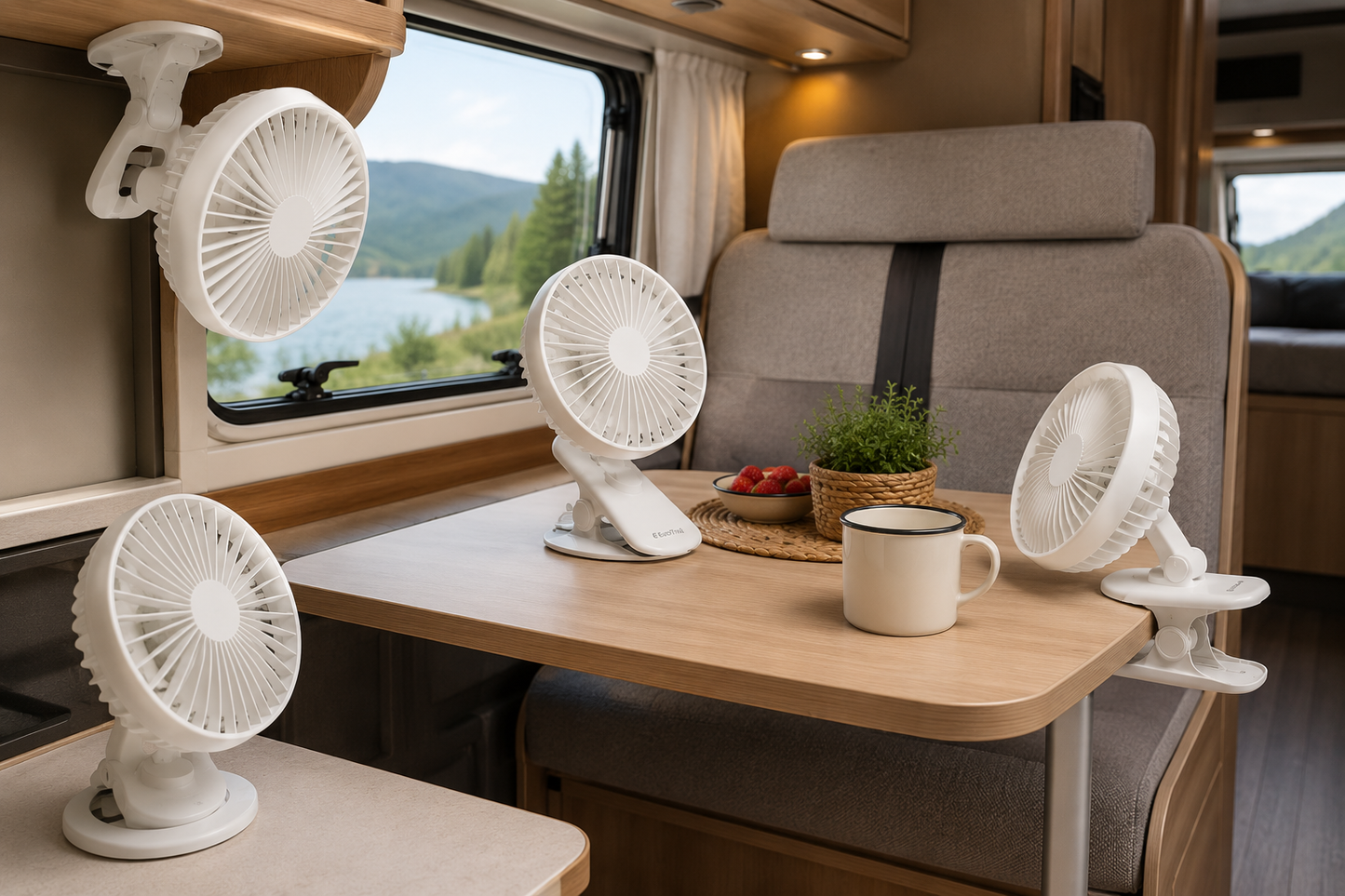 Eurotrail oppladbar vifte med klips brukt i bobil – fleksibel campingvifte ETLT1441