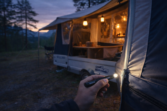 Doite Penclip lommelykt i bruk ved Combicamp campingvogn på norsk campingplass i skumring – kompakt oppladbar penlight med magnetfeste brukt til telt og campingutstyr