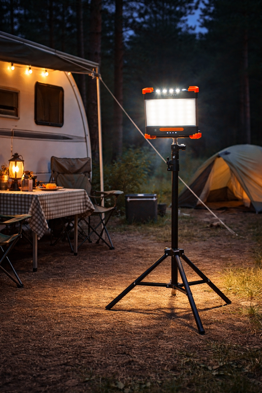 Doite Triray lykt på stativ lyser opp leirplass ved camping i skumring – kraftig flerbrukslykt med 1550 lumen brukt som arbeids- og campinglys