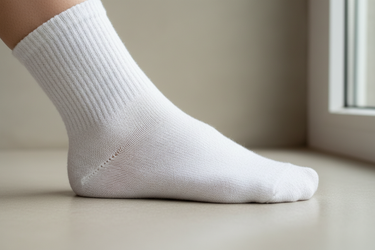 hvit sokk i bambus på en fot