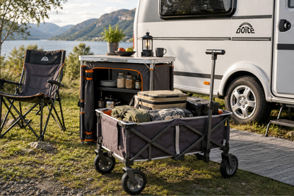 Doite Transportvogn lastet med campingutstyr ved en campingvogn på en norsk campingplass.