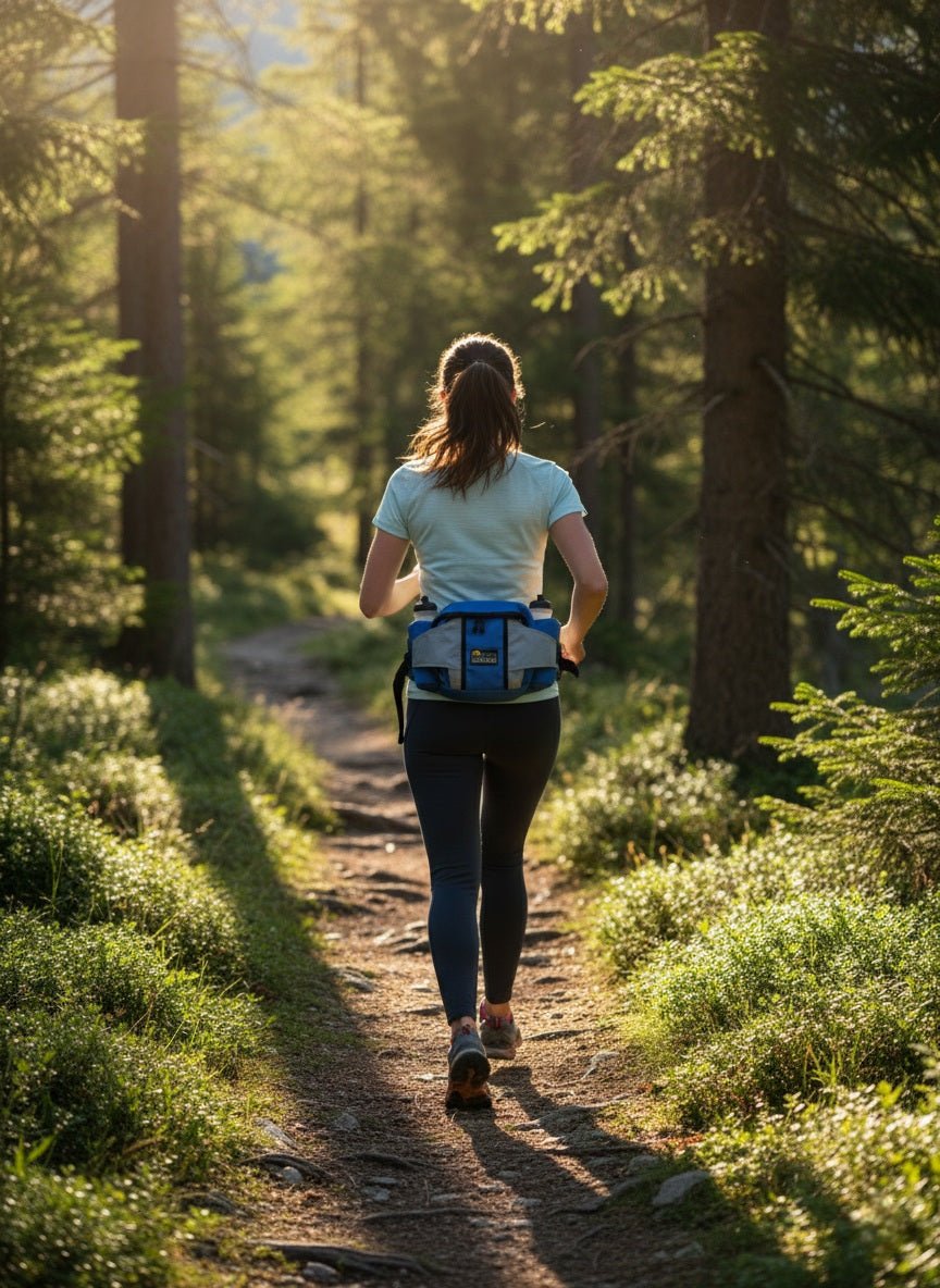 Mageveske fra Active Leisure med 2 flasker, festet bak på en kvinnekropp som jogger på en skogssti i solsskinn