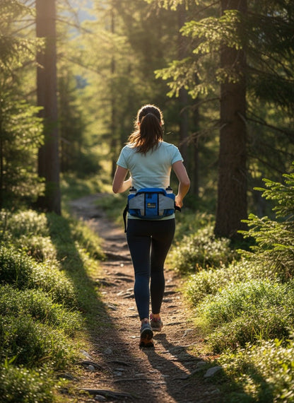 Mageveske fra Active Leisure med 2 flasker, festet bak på en kvinnekropp som jogger på en skogssti i solsskinn