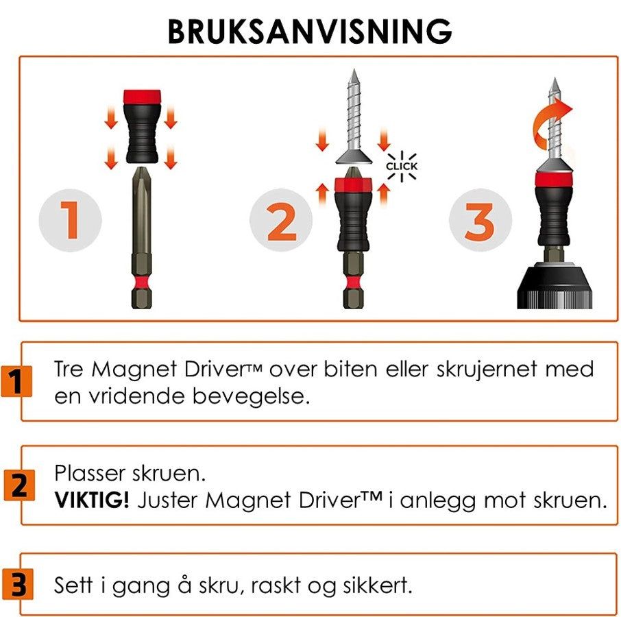 MAGNET DRIVER™ - Praktisk etui med 6 skrueholder, 10 doble bits, Spikerholder, bitholder og håndtak (Oransje sett) - Fritidsshoppen.nojhpmagnetmagnetisk