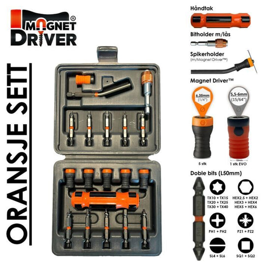 MAGNET DRIVER™ - Praktisk etui med 6 skrueholder, 10 doble bits, Spikerholder, bitholder og håndtak (Oransje sett) - Fritidsshoppen.nojhpmagnetmagnetisk