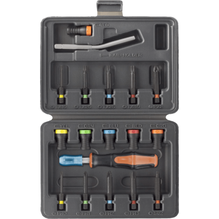 MAGNET DRIVER™ - praktisk etui med 6 skrueholdere, 10 bits, Spikerholder og håndtak(Sett 18) - Fritidsshoppen.nobitsdrillJPH