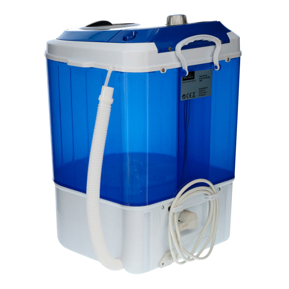 Mestic MW-100 camping vaskemaskin med 2 kg kapasitet – kompakt vaskemaskin for campingvogn, bobil og hytte, vist fra baksiden 