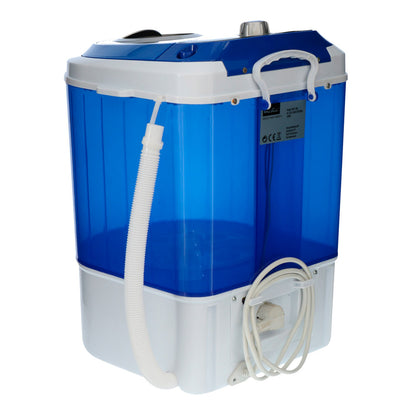 Mestic MW-100 camping vaskemaskin med 2 kg kapasitet – kompakt vaskemaskin for campingvogn, bobil og hytte, vist fra baksiden 