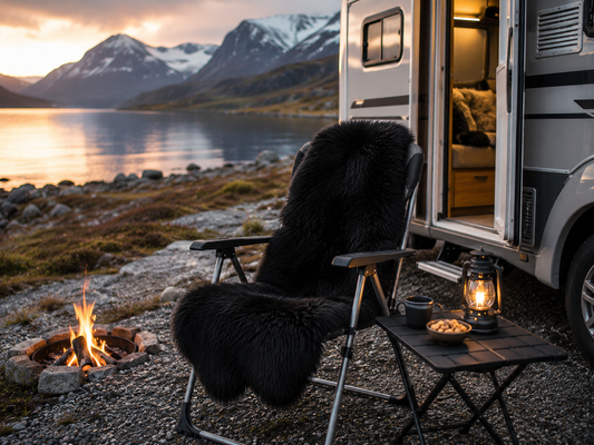 Eksklusivt sort lammeskinn fra Great Greenland på campingstol utenfor bobil ved norsk fjordlandskap i solnedgang.