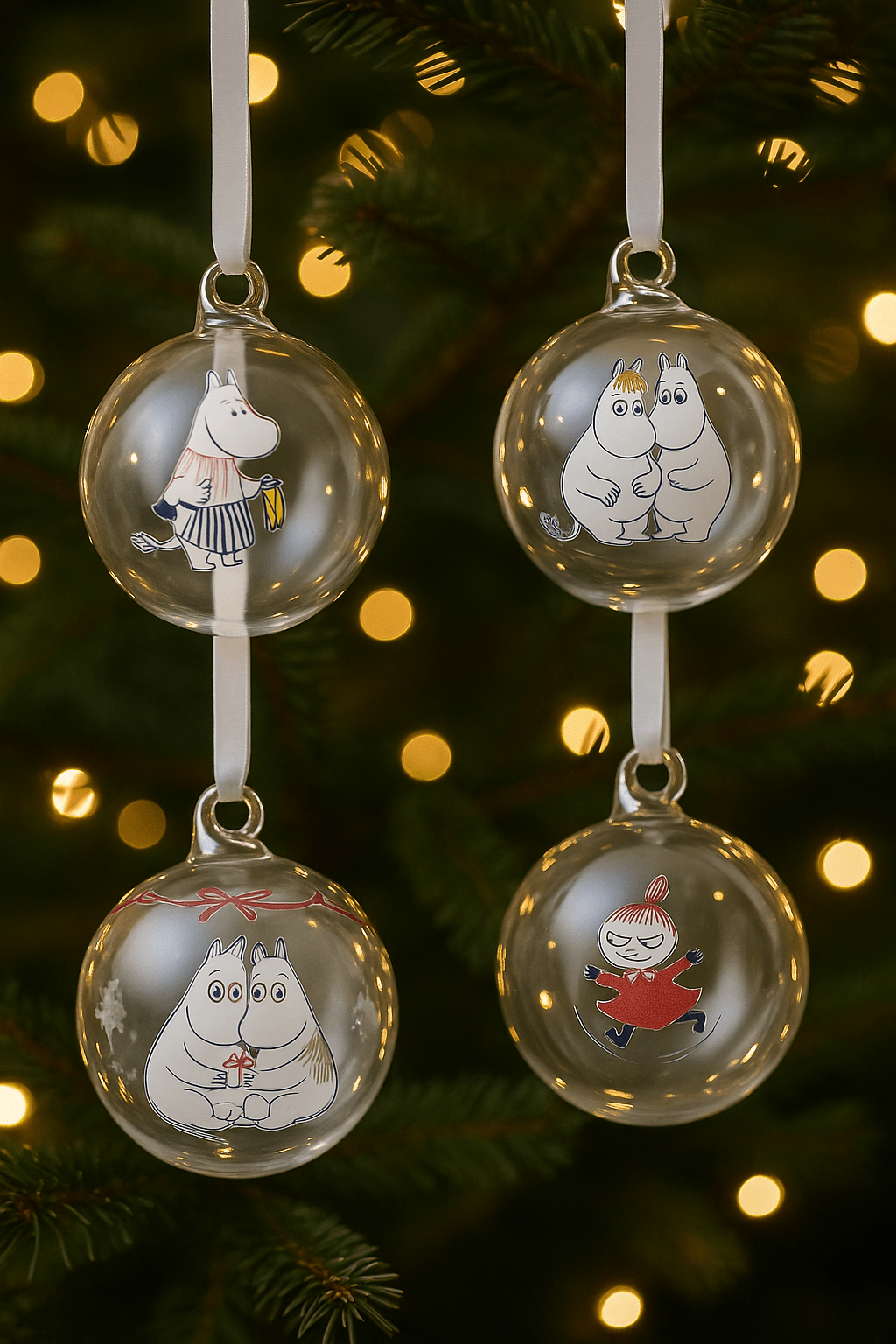 «Mummi Julekuler – La det Snø, sett med fire munnblåste glasskuler med ulike Mummi-motiver.»