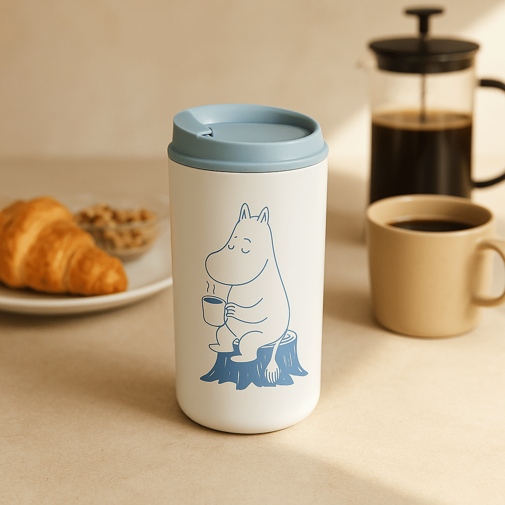 «Mummi termokopp i blått med Mummitrollet-motiv, stål og BPA-fritt lokk – 4,5 dl.»