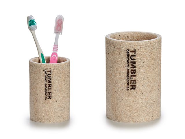 Tannbørsteglass i plast - beige bambuslook - Fritidsshoppen.nobadbaderombaderomsutstyr